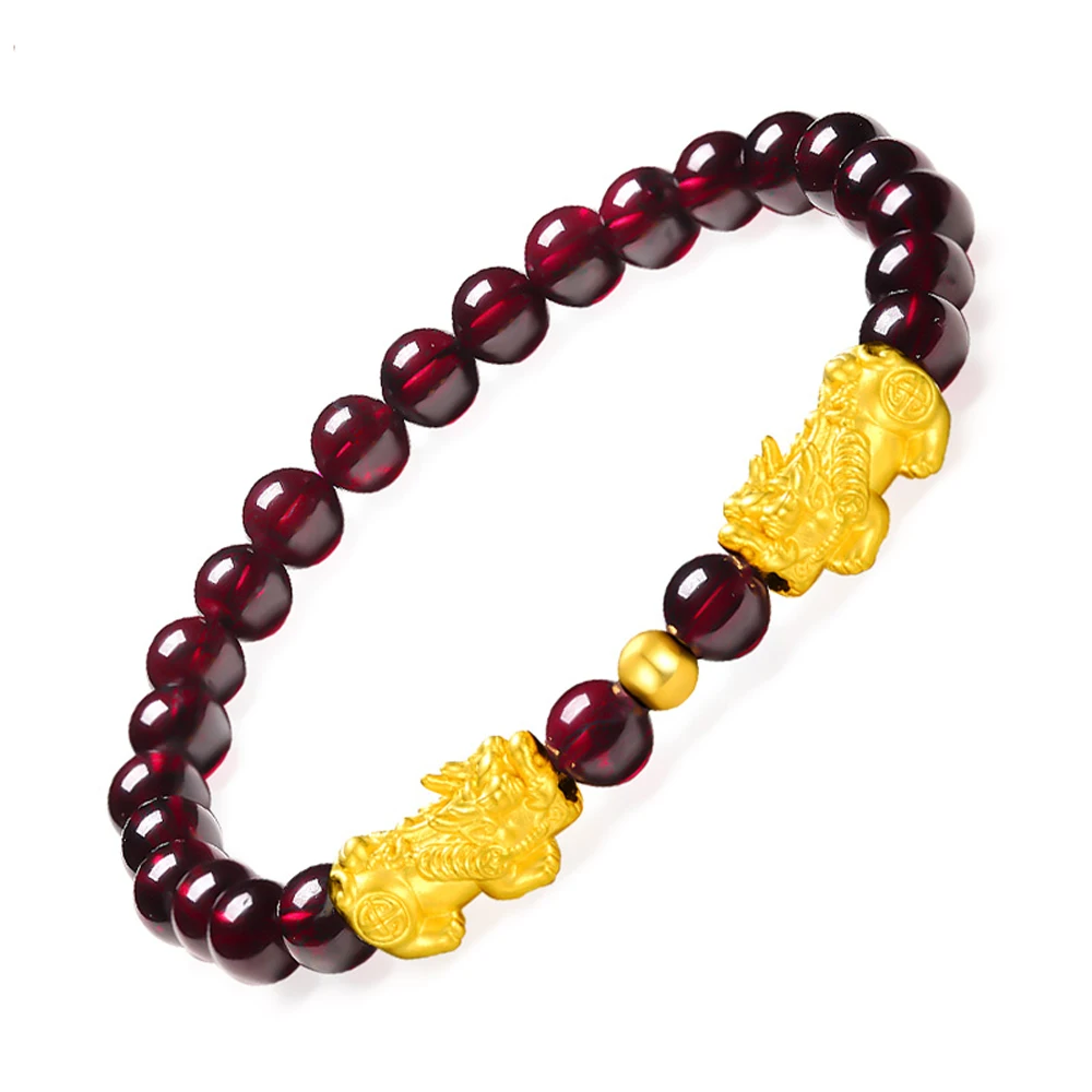 Браслет с красными гранатовыми бусинами имитация золота 3D двойной пиксиу