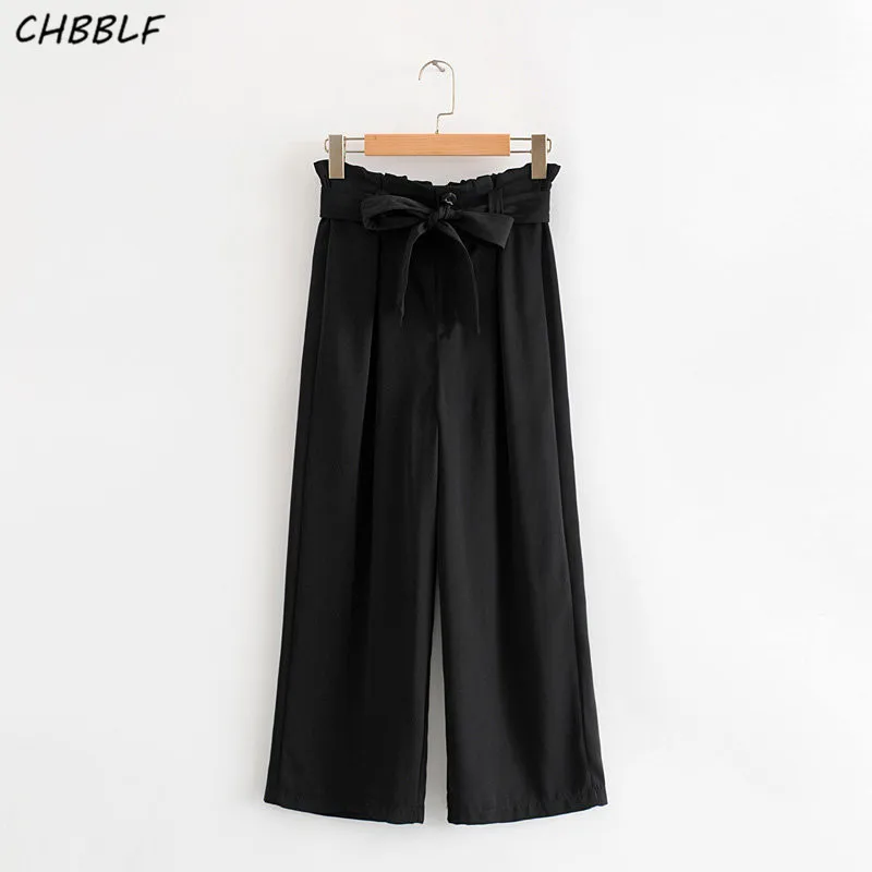 Женские широкие брюки CHBBLF черные винтажные в полоску с эластичной талией и