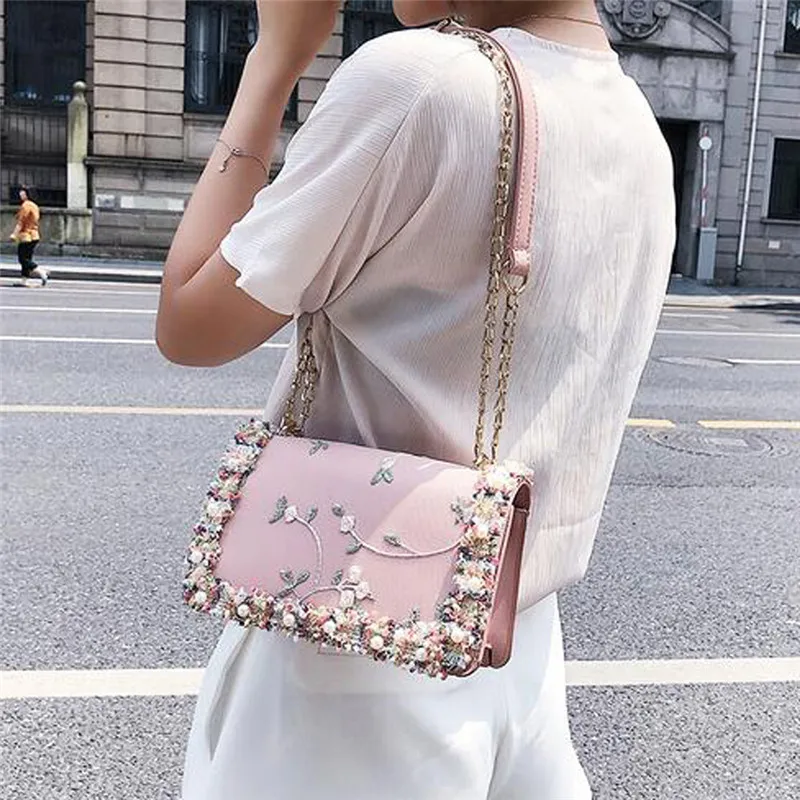 Pink OCARDIAN сумки, мини сумки через плечо, кружевные цветы, кожаная квадратная сумка, цветок, жемчужная цепочка, сумка через плечо, Прямая поставка M7 - Цвет: Pink