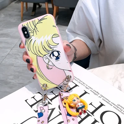 As shown in Для iPhone XR милый 3D Сейлор Мун чехол для телефона для iPhone X XS Max 4S 5S SE 6S 6plus 7plus 8 plus мультяшная задняя крышка+ ремешок+ игрушка - Цвет: As shown in