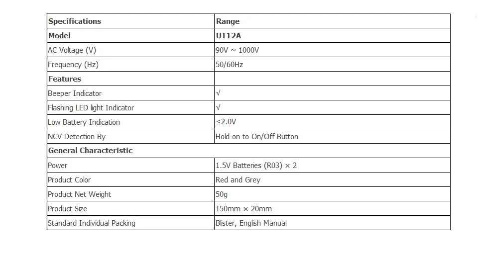 UNI-T UT12A бесконтактные детекторы напряжения AC тестовая Ручка 90V~ 1000V Авто Чувствительная модель индикация низкого заряда батареи
