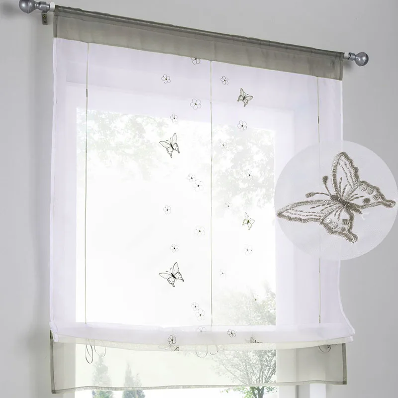 

Butterfly Embroidered Roman Finished Curtains Gray Curtain Blinds For Kitchen Liftable Gauze Small Coffee Tulle Curtain Cortinas