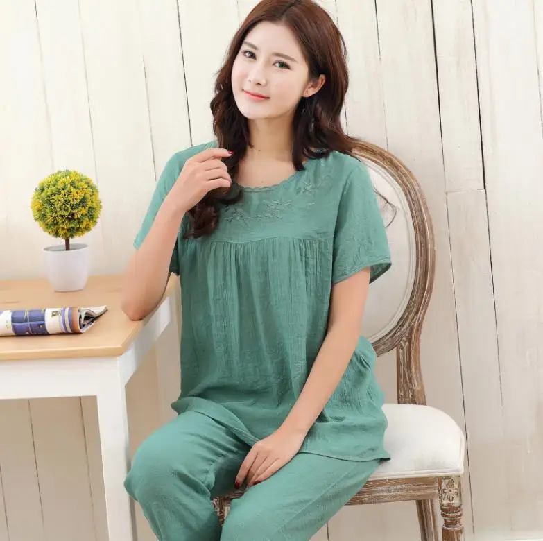 dark green Женский пижамный комплект, летняя Новинка, тонкая, однотонная, с вышитыми цветами, с коротким рукавом, свободная, повседневная, домашняя одежда, женская пижама - Цвет: dark green
