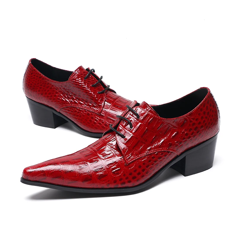 

Red Pointed Toe Crocodile Pattern Leather Shoes Man Lace Up Stylish Wedding Shoes British Men Dress Shoes