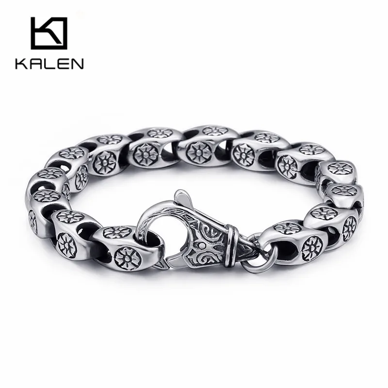 

KALEN Trendy Stainless Steel Link Chain Unisex Bracelets For Men 21.5cm Metal Flower Charm Bracelet Women Men Jewelry
