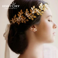 pearl crystal gold leaves vine wedding headband hair accessories bridal headwear hair jewelry rhinestone head chain headpiece