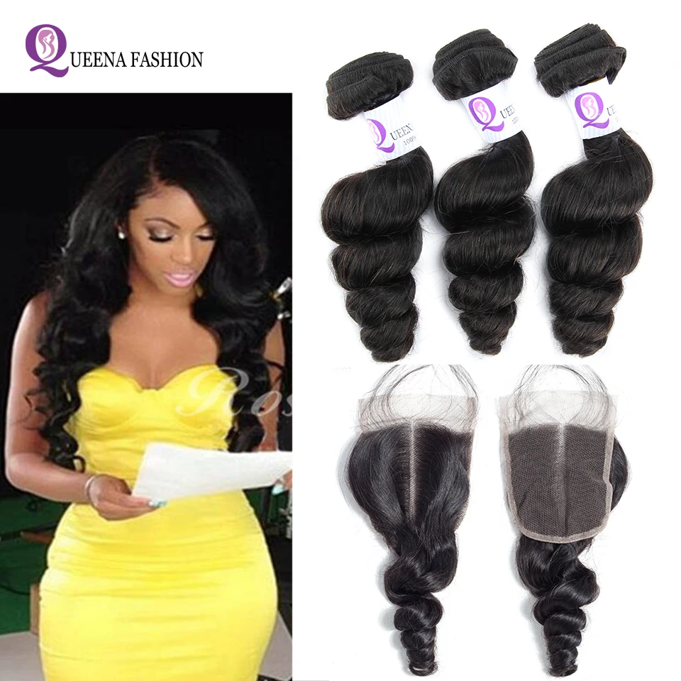 Свободные волнистые пряди с закрытием 3 дешевые бразильские для волос 100%