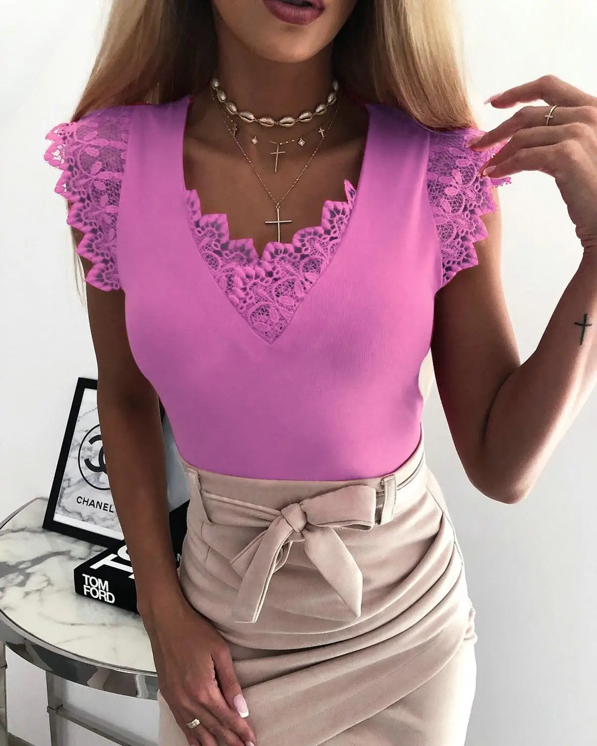 Женский кружевной топ без рукавов однотонный Тонкий Топ с V-образным вырезом и