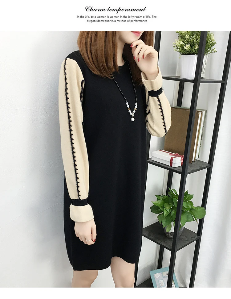 Размера плюс XL, XXL, XXXL мода Осенне-зимняя Дамская обувь Новое вязаное платье с длинным рукавом Свободные пуловеры мини Платья-свитеры L1583
