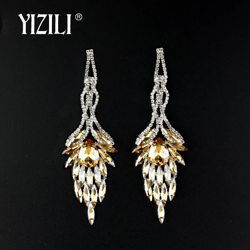 yellow YIZILI Роскошные Длинные массивные висячие серьги зеленые прозрачные стразы серьги для женщин 4 вида цветов выбор Висячие свадебные серьги se075 - Окраска металла: yellow