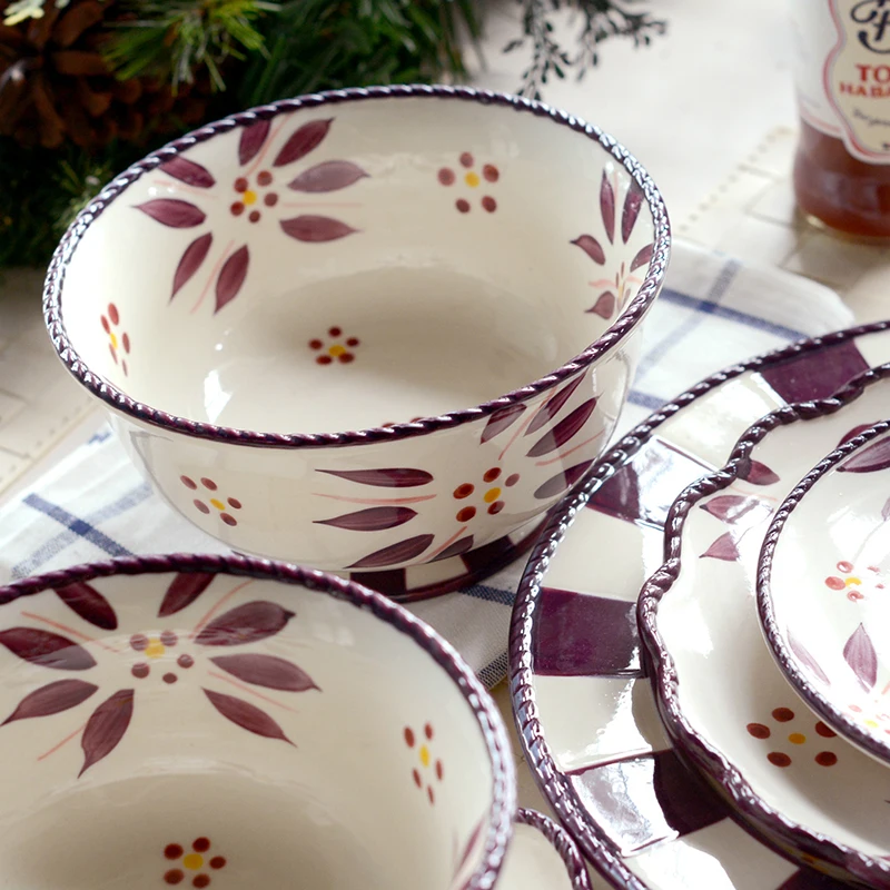 Ceramic Tray Cutlery Dinnerware Set Plate Rice Bowl Round Dessert Dinner Plates Retro Flower Food Container Tableware | Дом и сад