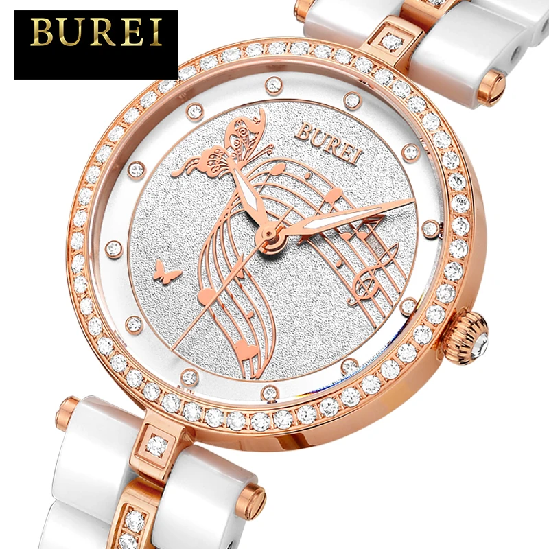 BUREI женские повседневные часы музыкальный циферблат бриллианты керамический