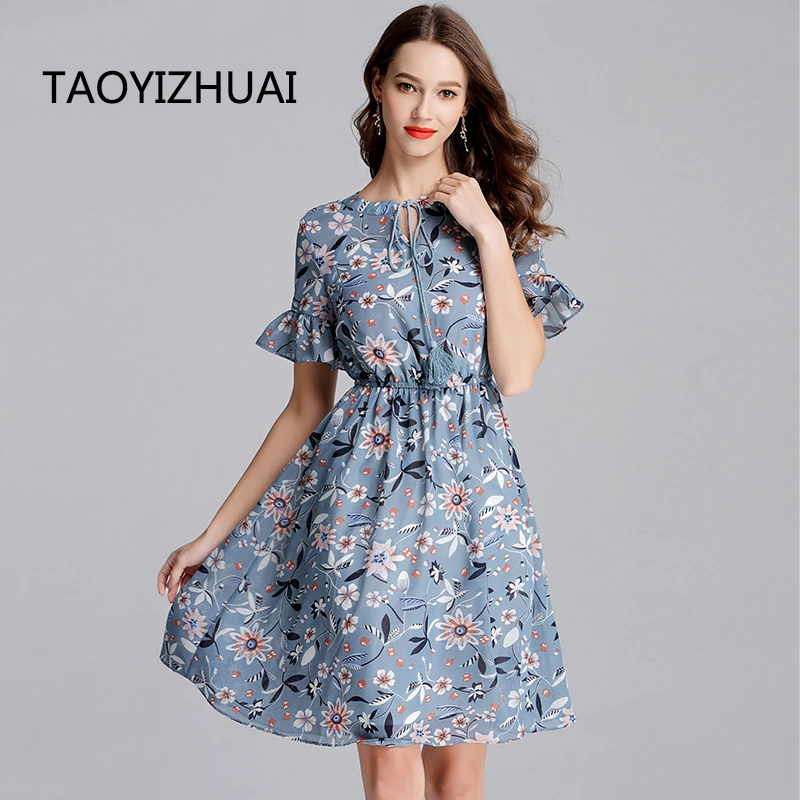 Женское платье с коротким рукавом TAOAYIZHUAI Шифоновое Платье До Колена большого