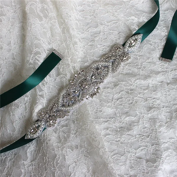 Dark Green JaneVini роскошный жемчуг Кристалл Свадебные ремни коричневый Bling камни свадебное платье ремень свадебные аксессуары атласная Невеста кружевные ленты - Цвет: Dark Green