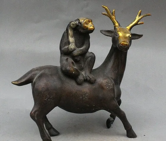 YM 322 китайская Бронзовая позолоченная статуя зодиака Yaer Monkey Hold RuYi Ride Sika Deer | Дом и