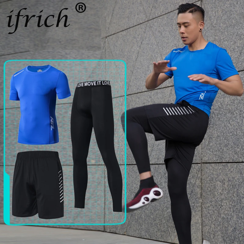 

IFRICH Compression Quick Dry Tight Tracksuit Mens Fitness 3 Pieces Sleeveless Black T Shirt Pant Suit Male O-neck Set for Men