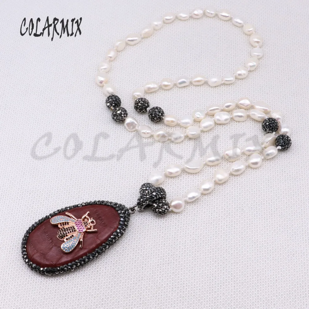 Handmade beaded necklace with Snakeskin Pendant &amp cute tiny bugs fresh water pearls High quality gift for lady 4112 | Украшения и