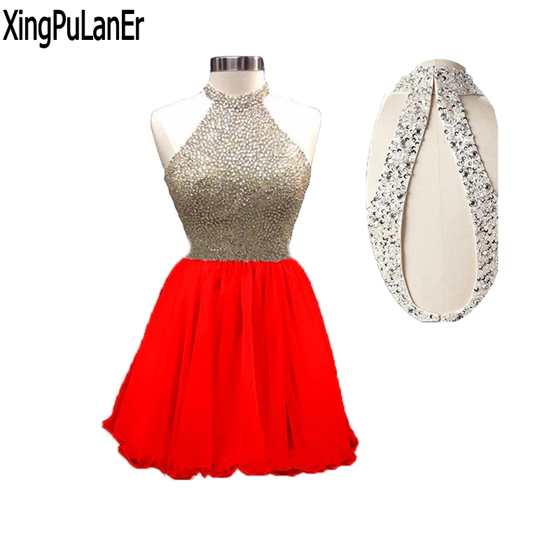 

vestido de festa A Line Halter Keyhole Open Back Sequins Top Short Homecoming Dress Custom Made