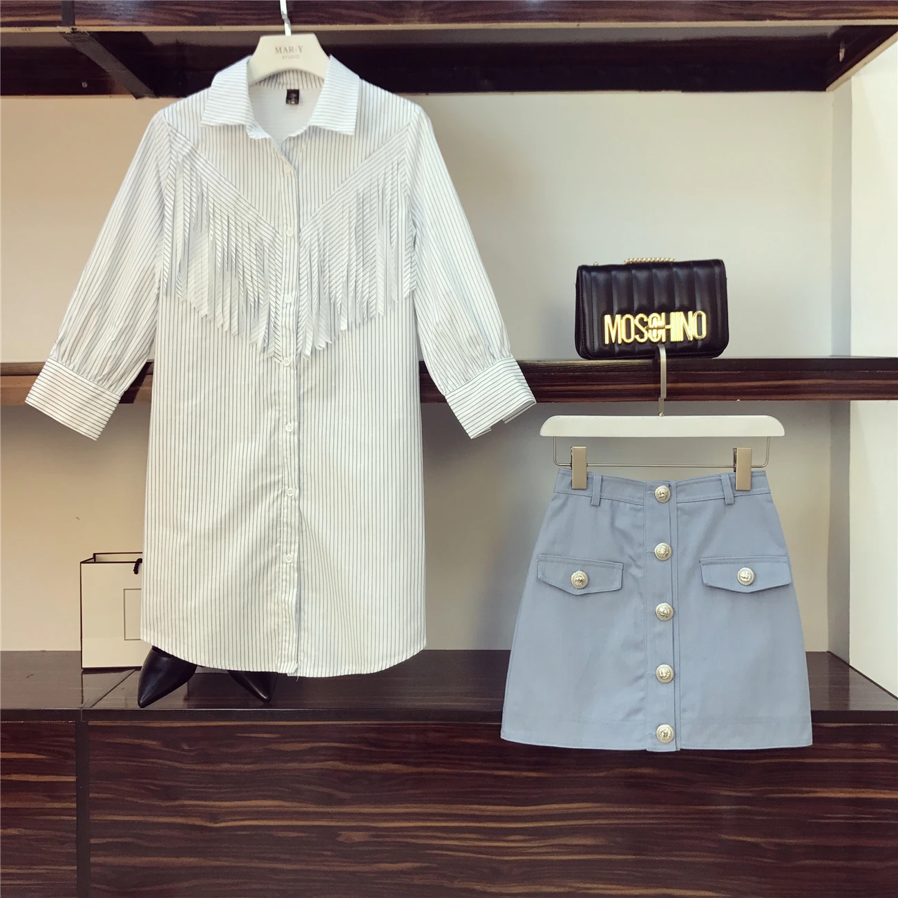 ALPHALMODA, новое модное платье-рубашка с бахромой+ джинсовая юбка, комплект из 2 предметов, высокая талия, трапециевидная юбка на пуговицах, Модный женский комплект из 2 предметов