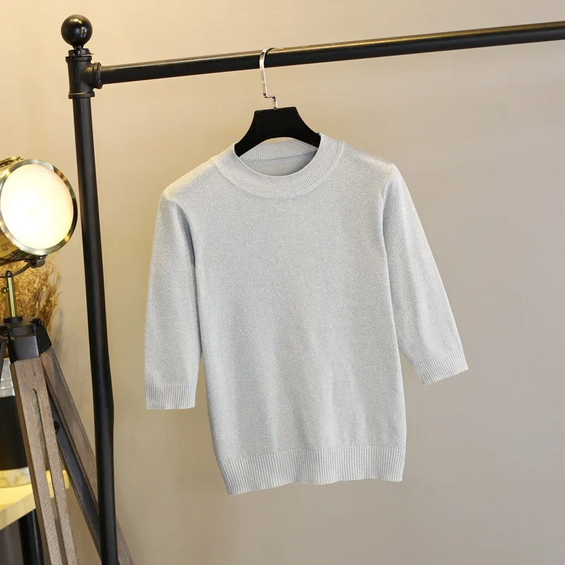 gray shiny sweater Блестящий женский свитер, пуловеры, вязаный свитер, базовые вязаные топы, корейский стиль, трико, женский джемпер с коротким рукавом, блестящий Повседневный Топ - Цвет: gray shiny sweater