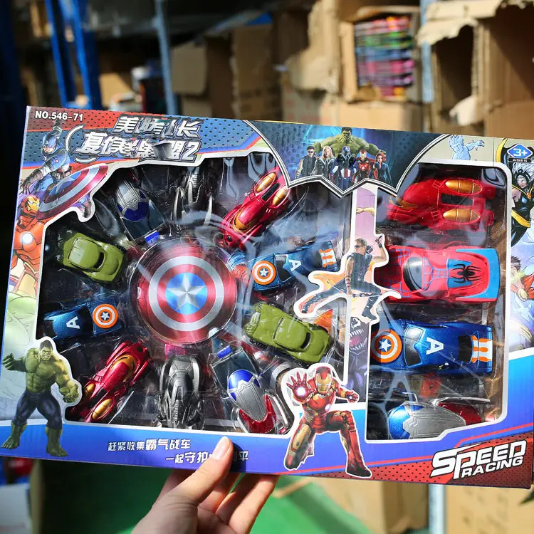 With Box 14 шт./лот, набор пластиковых спортивных машин disney, Мстители, Железный человек, Халк, Человек-паук, человек-муравей, Капитан Америка, фигурка, модель игрушки для детей, Gif - Цвет: With Box