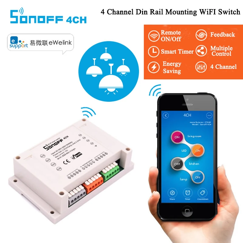 Умный Wi-Fi переключатель Sonoff 4CH 4-х канальный беспроводной монтаж на Din-рейку