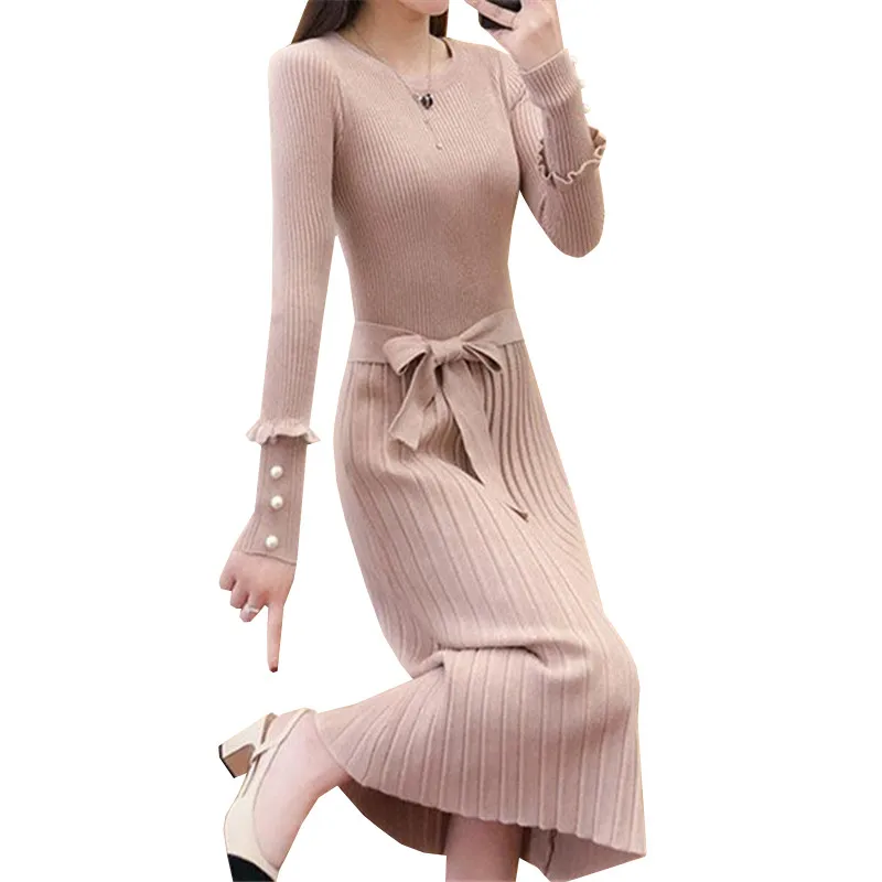 Женское трикотажное платье свитер длинное плиссированное с бантом поясом и