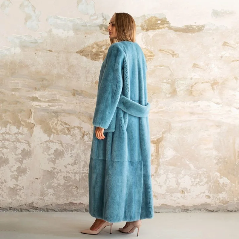 TOPFUR Genuine Blue Real Mink Fur Coat Women Winter Luxury Loose Belt Outertwear Temperament Fashion Real Fur Jacket Female