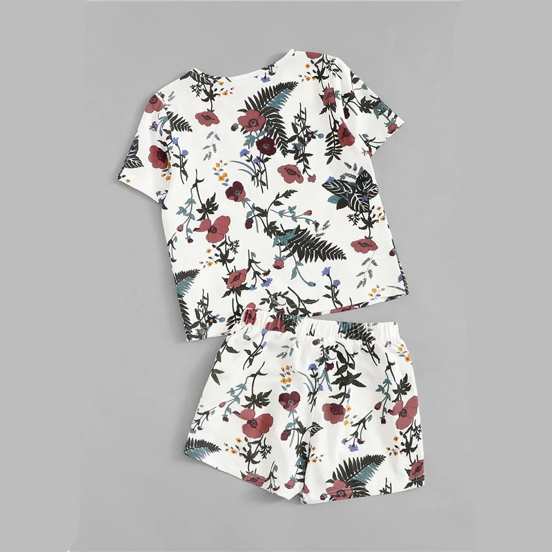 SHEIN/детский топ с растительным принтом и шорты на завязках; Комплект для девочек; Одежда для девочек-подростков; коллекция года; летний Повседневный Детский костюм с короткими рукавами