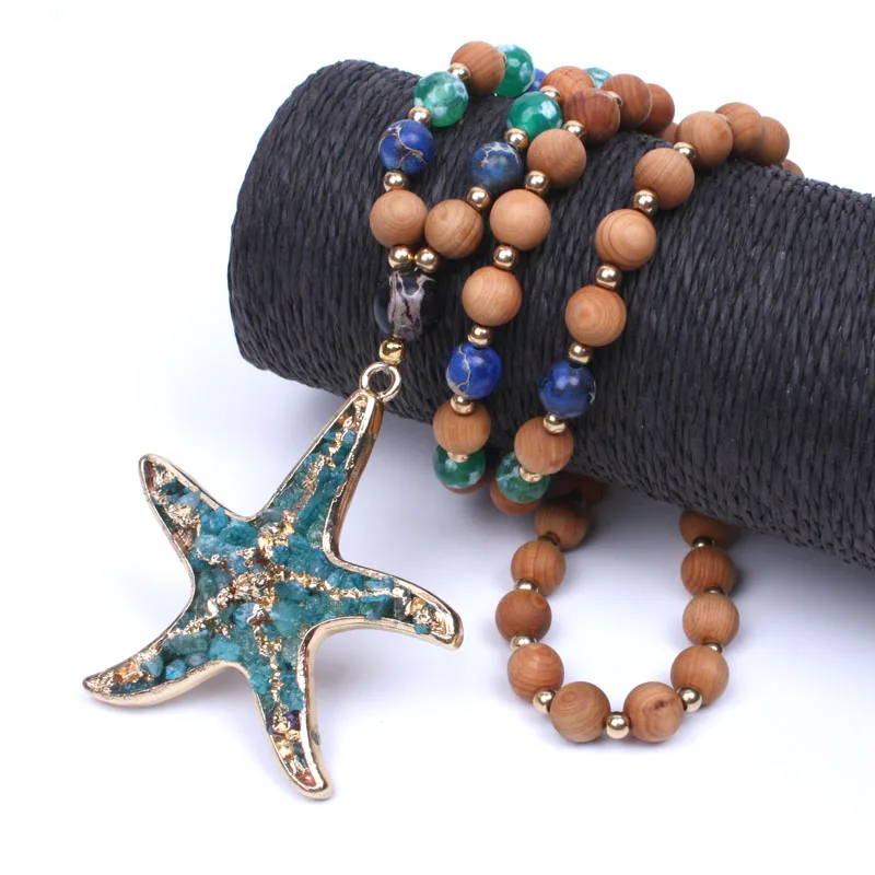 Винтаж Gypsy длинное ожерелье деревянные бусины натуральный камень позолота starfish