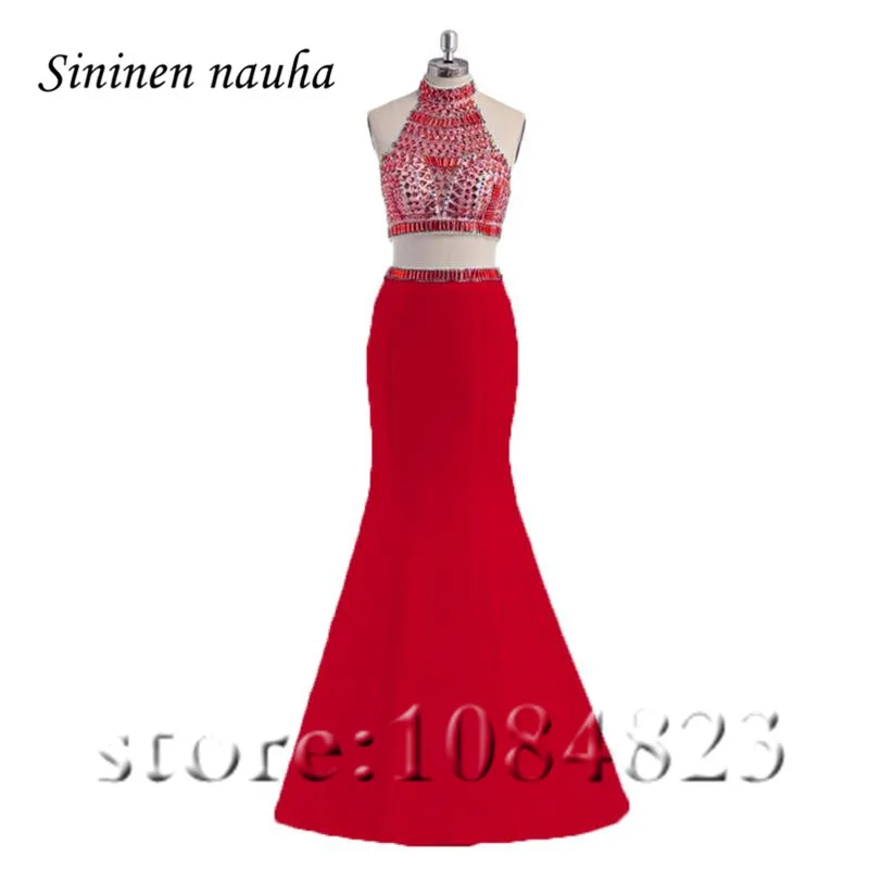 

Halter 2 Piece Long Prom Dresses 2018 Party Homecoming Dress Girls Mermaid Beaded Backless Plus Size Vestidos De Festa Longo 47