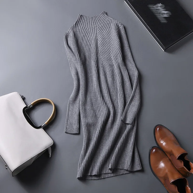 Осень зима женские вязаные платья с высоким плотно облегающим шею воротником