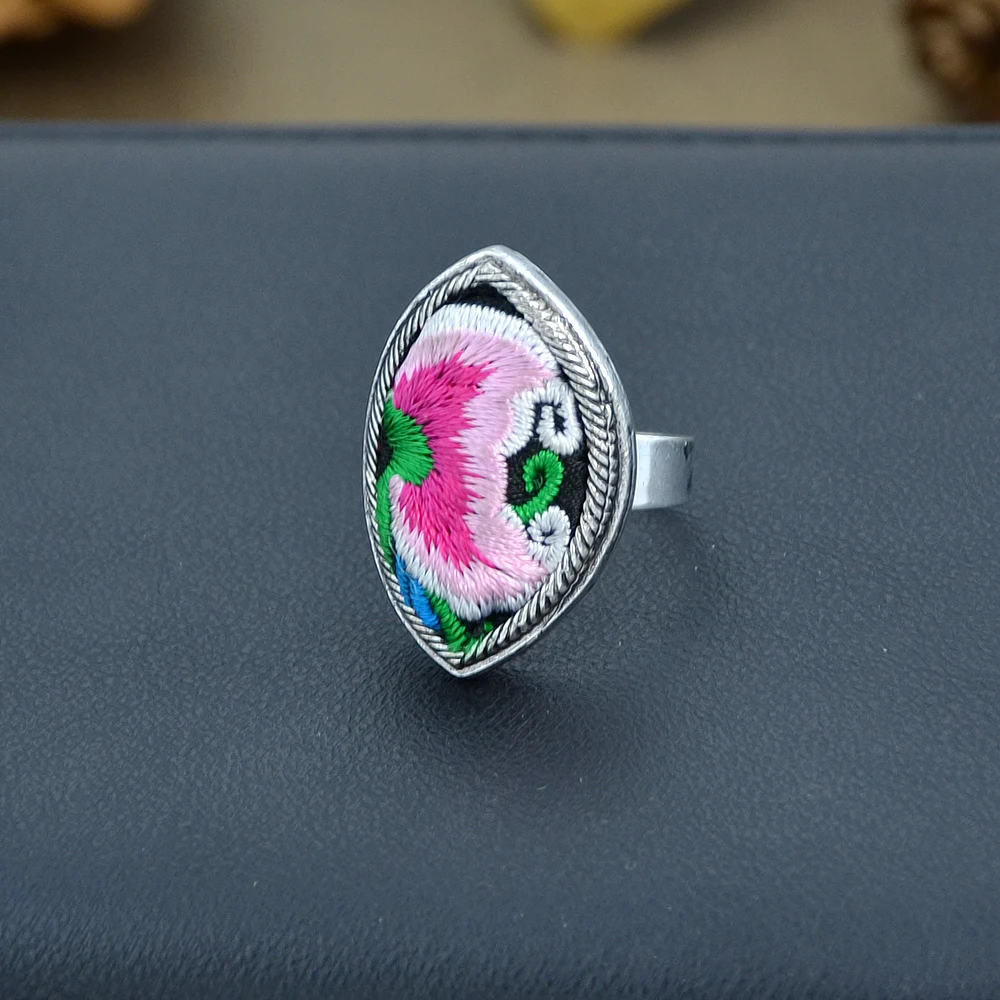 Ethnic Boho Rings Antique Silver Color with Flower Pattern Geometric Handmade Colorful Embroidery Jewelry For Women Bijoux | Украшения и