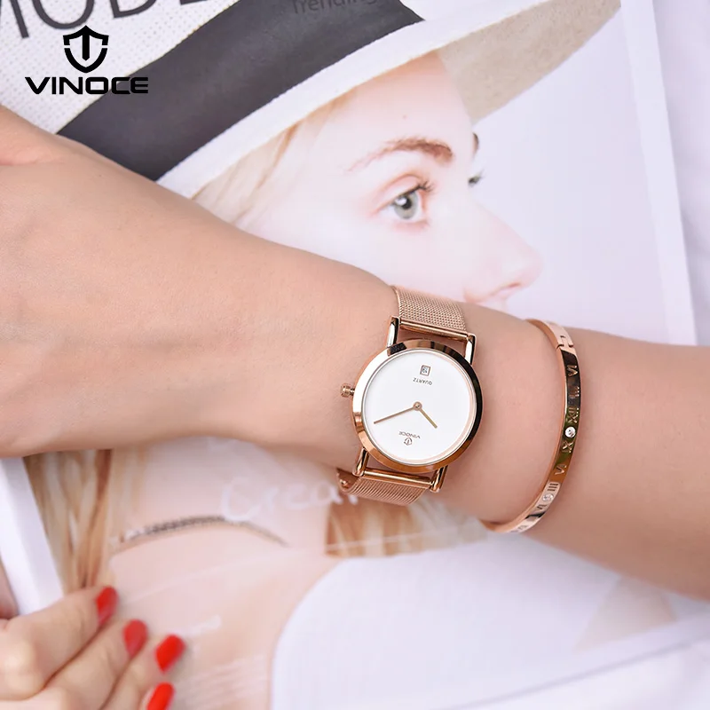 Женские кварцевые часы VINOCE розовое золото нержавеющая сталь браслет женские
