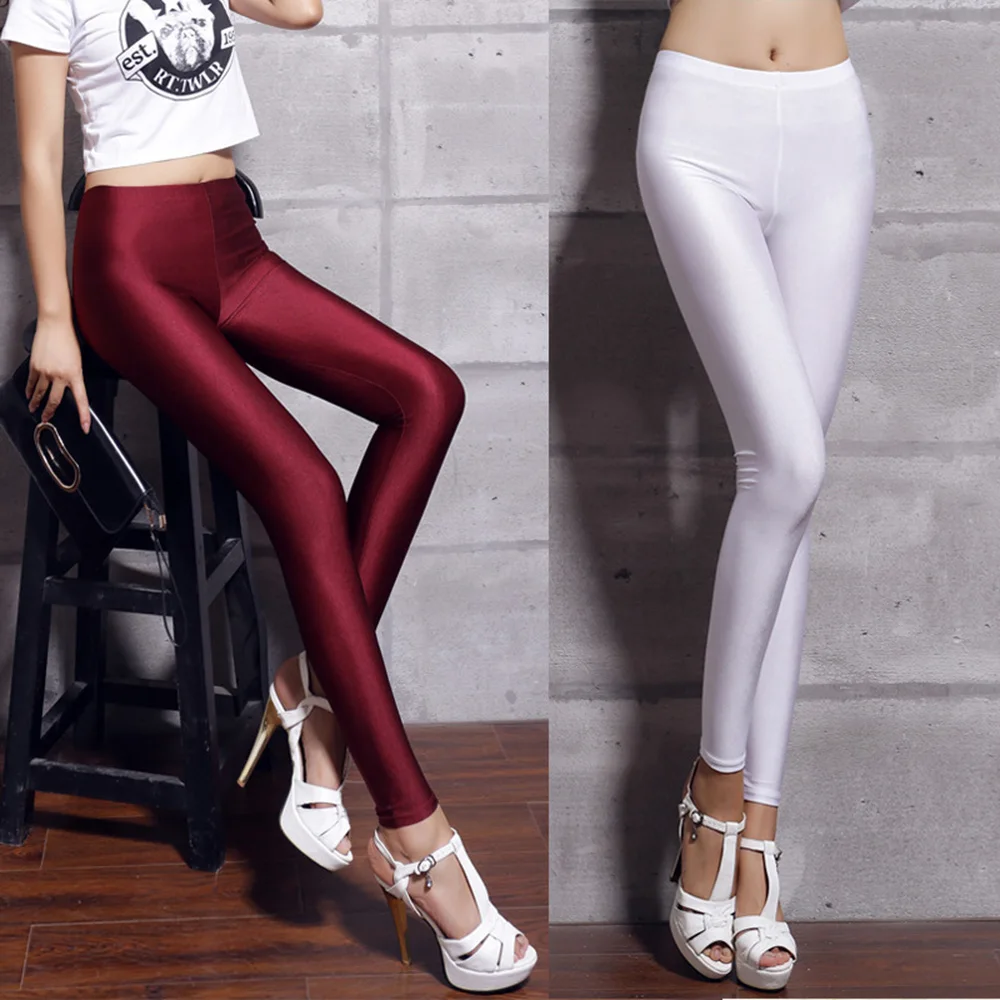 Daddy Chen Shiny Glossy Elastic Waist Leggings High Skinny Pants Women Fluorescent Color Ice Silk Ankle-Length Candy | Женская одежда