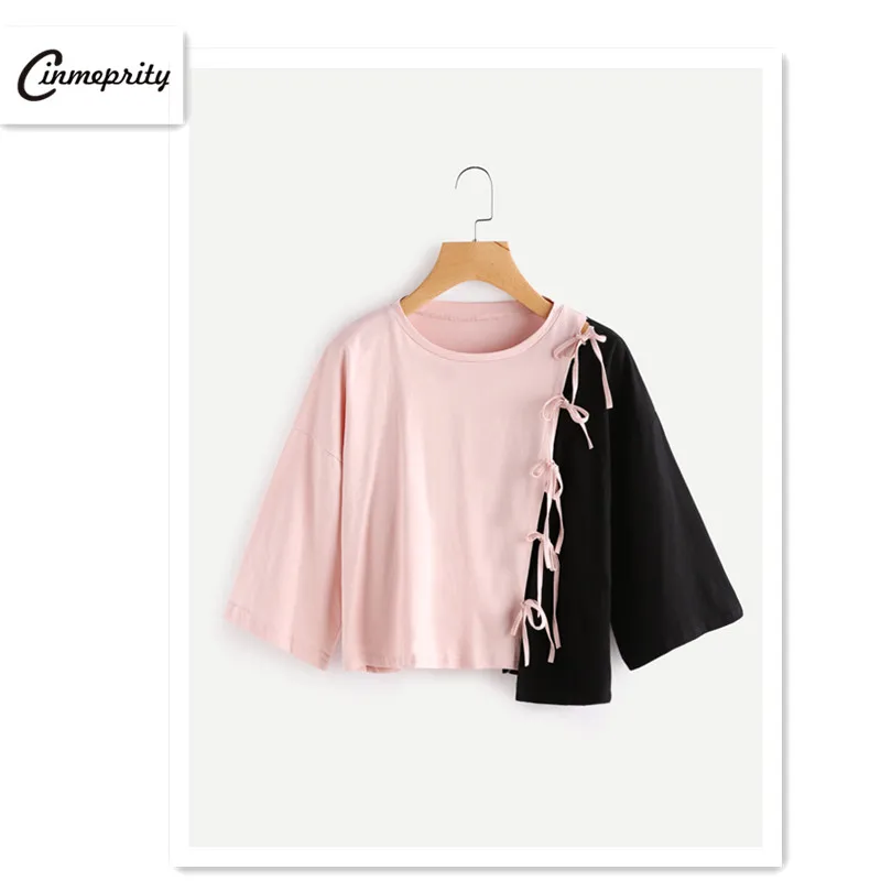 Хорошее доставленных неправильной футболка Для женщин длинные Топы