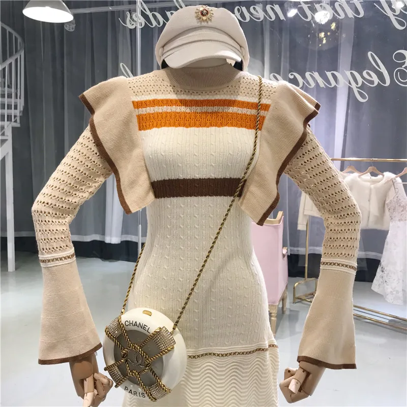Amolapha женское модное Полосатое лоскутное платье с оборками вязаные платья