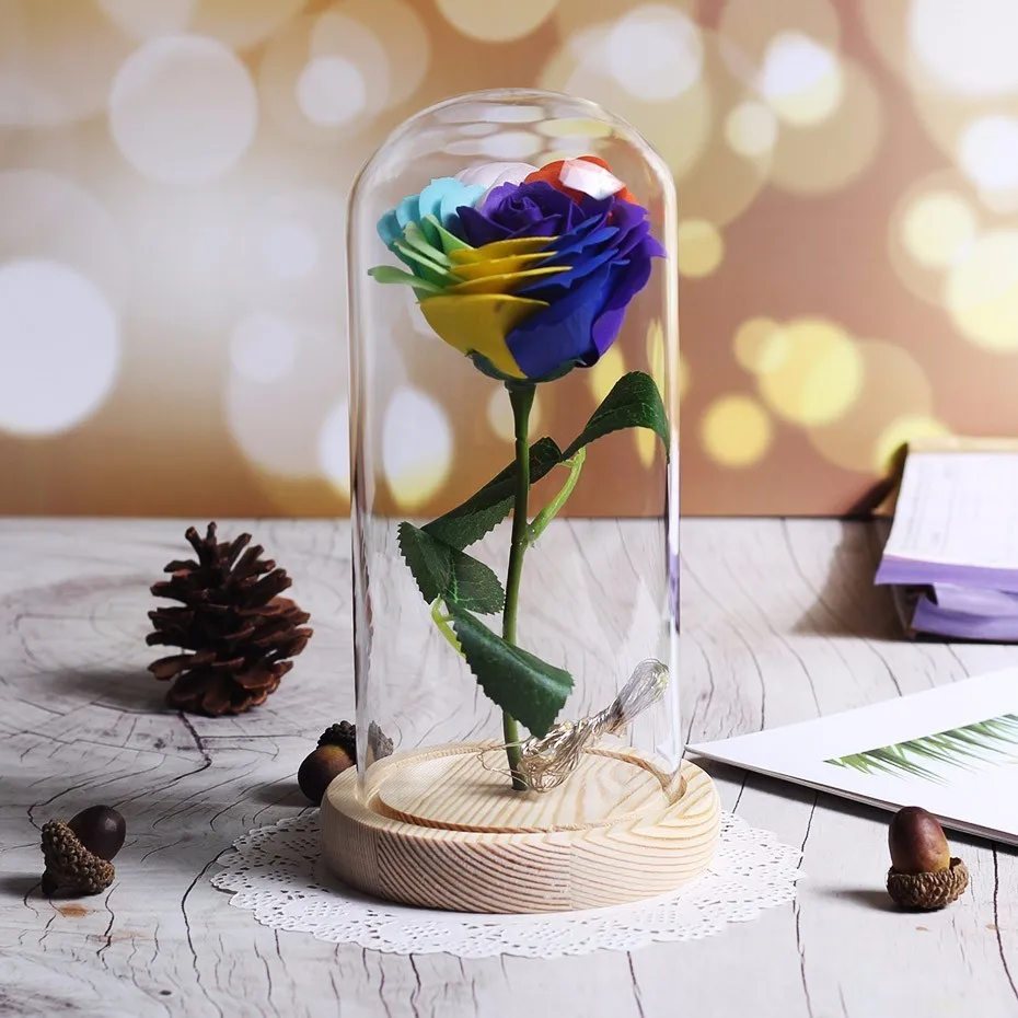 02 Neue schenheit Und Biest Rose In Glaskolben Rose Blume Licht деревянная основа Glas Dome Für Mutter Der Tag Valentines Weihnachten - Цвет: 02