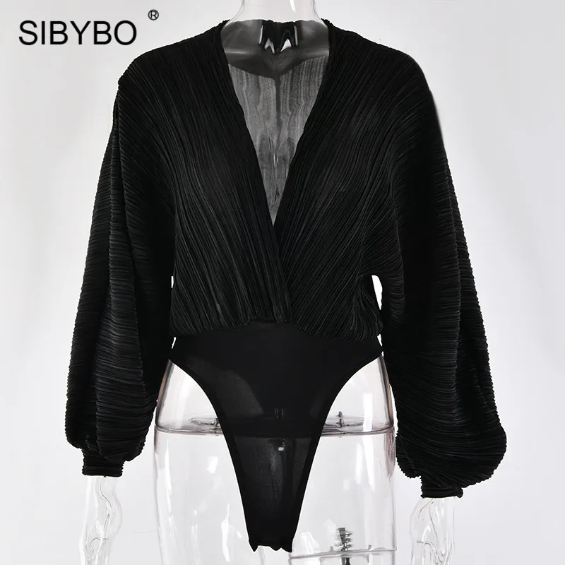 Черный Sibybo, сексуальный комбинезон с глубоким v-образным вырезом в стиле пэчворк, женский модный Свободный комбинезон с длинным рукавом, Осенний повседневный комбинезон, комбинезон - Цвет: Черный
