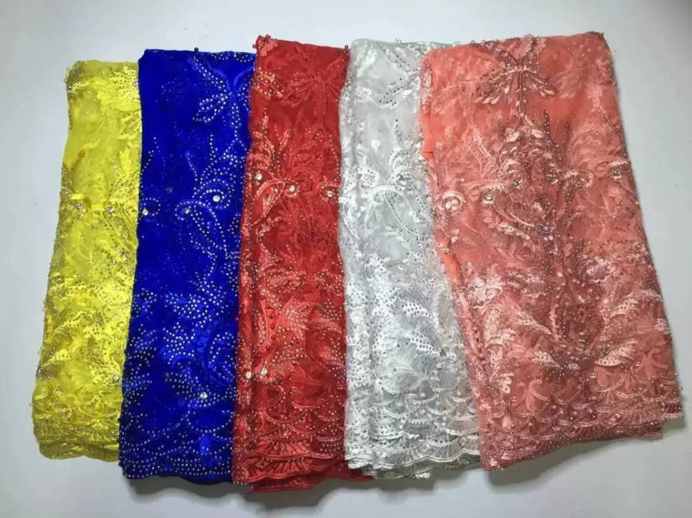 

Newest African Tulle Lace Fabrics With Stones Embroidery Net Lace African French Lace High Quality With Beads Wedding ADF229