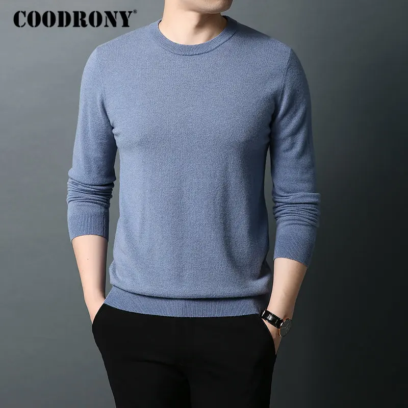 Grey Blue Бренд COODRONY, мужской свитер из чистой мериносовой шерсти, мужские свитера, Осень-зима, толстый теплый кашемировый пуловер, Мужской пуловер с круглым вырезом 93015 - Цвет: Grey Blue