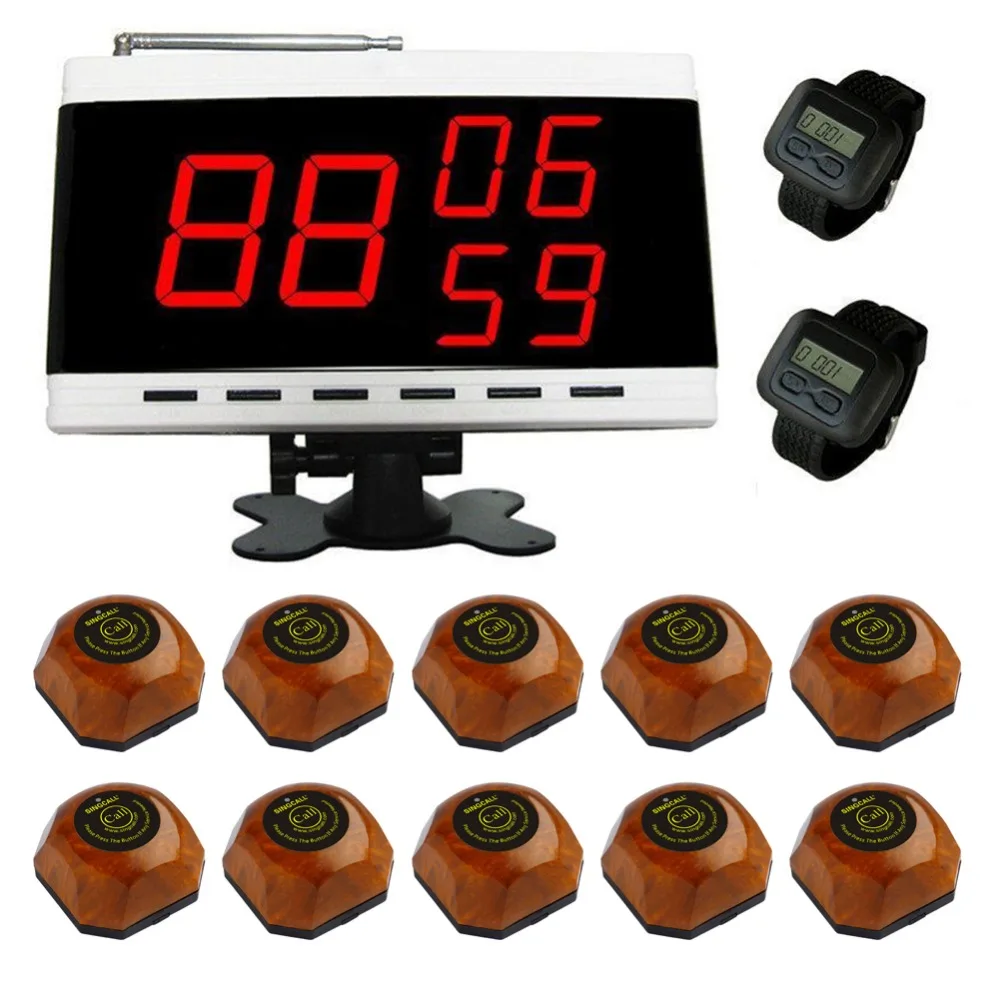 SINGCALL Wireless Table Waiter Service Calling Paging System.Food Restaurant Call,10 Bells and 2 Watch Receivers,1 Display