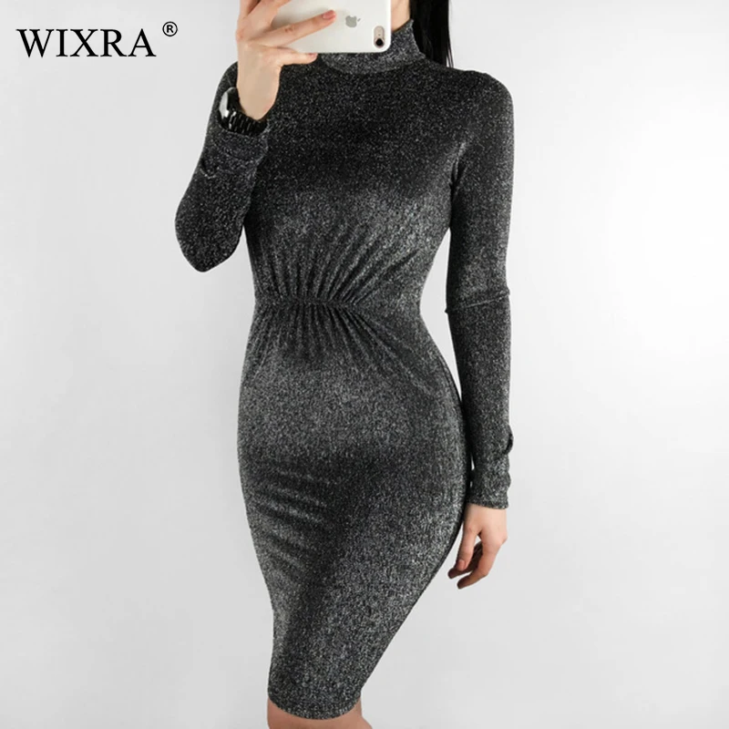 Женское платье с высоким воротом Wixra черное блестящее облегающее длинным рукавом