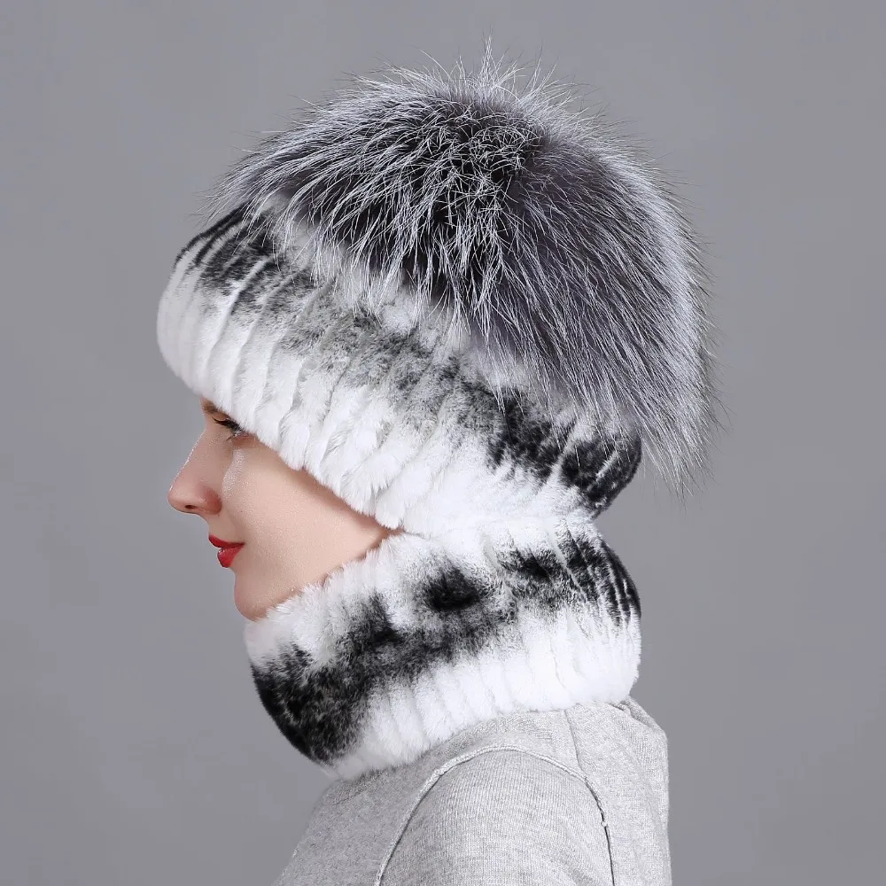DUOUPA Women fur hat scarf set for winter natural rex rabbit fur scarf and hat solid color brand new street shoot hat and scarf