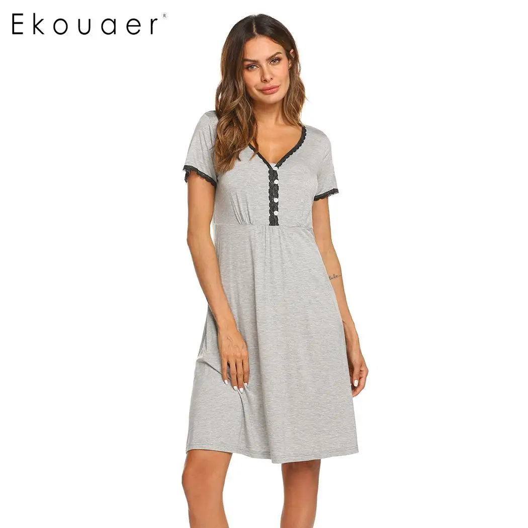 Gray Ekouaer Ночная сорочка Сорочка ночная рубашка женская цветочная кружевная с v-образным вырезом короткий рукав вискоза Ночное платье ночное белье - Цвет: Gray