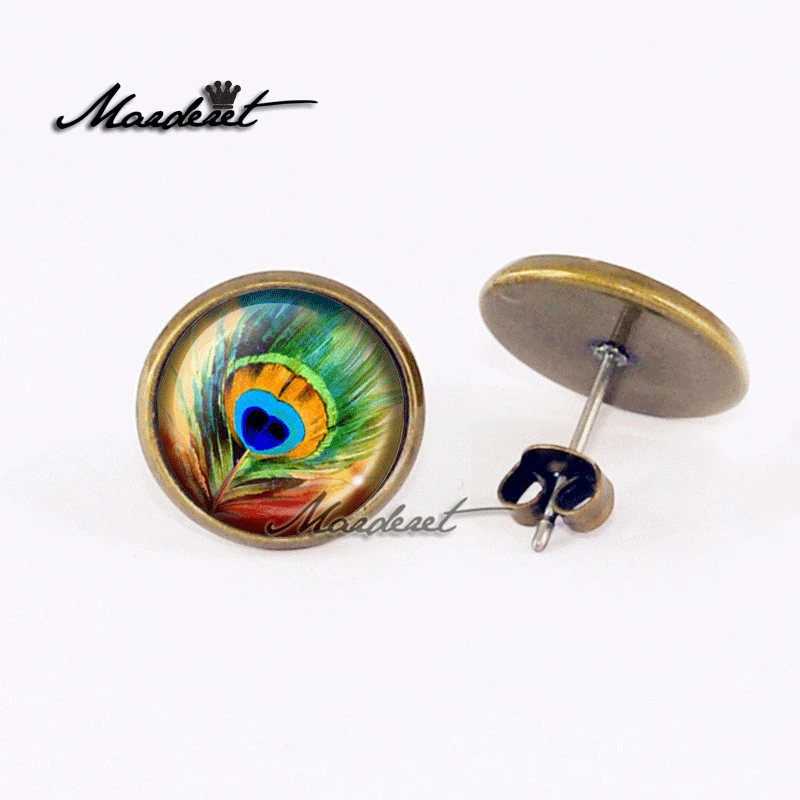 MARDERET Peacock Feather Glass Dome Stud Earrings Vintage Cabochon Back Earring Fashion Jewelry For Women | Украшения и