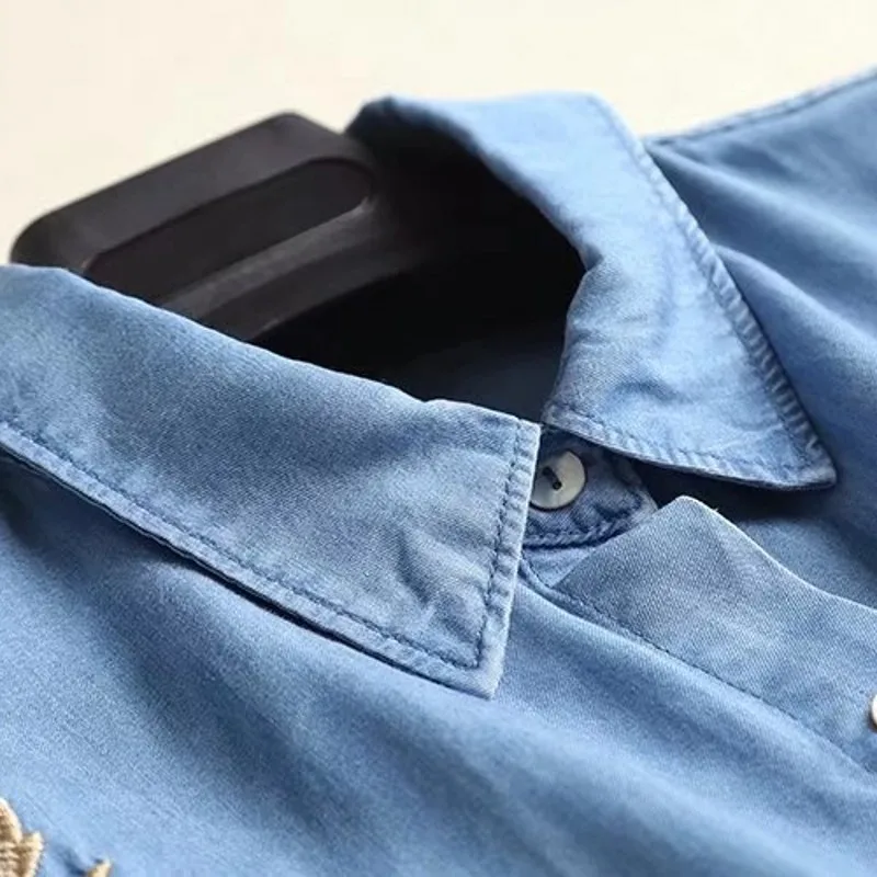 Летняя джинсовая рубашка с вышивкой женская элегантная офисная блузка длинным