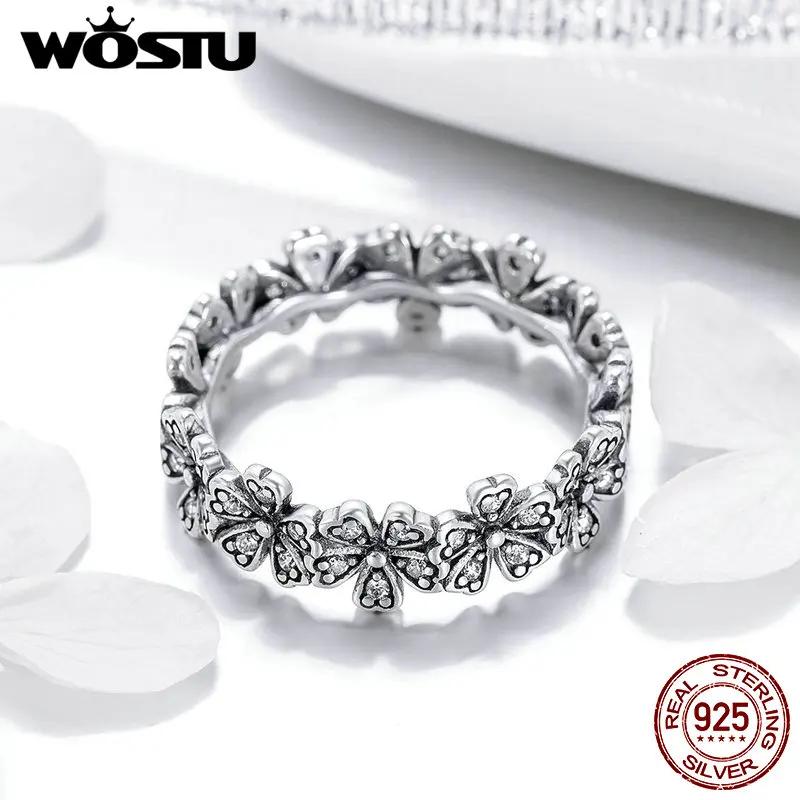 Женское кольцо с ромашками WOSTU сверкающее штабелируемое из серебра 925 пробы