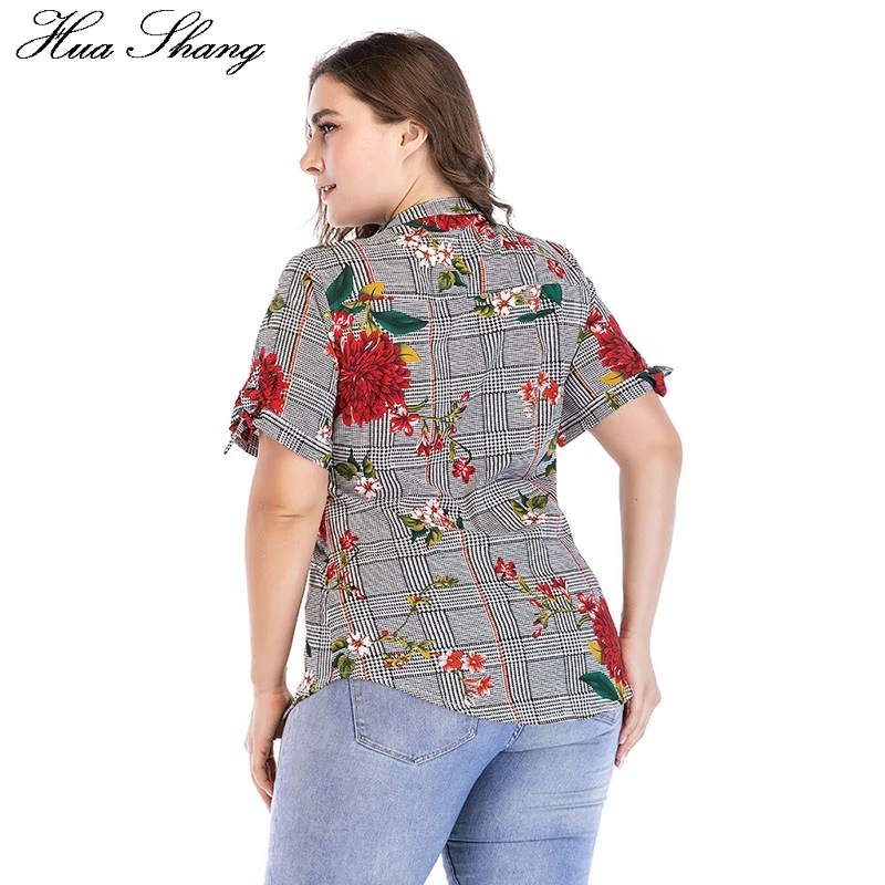 5XL 6XL 7XL размера плюс клетчатая женская рубашка летняя с v-образным вырезом и коротким рукавом цветочный принт повседневные женские топы и блузки Женская сорочка