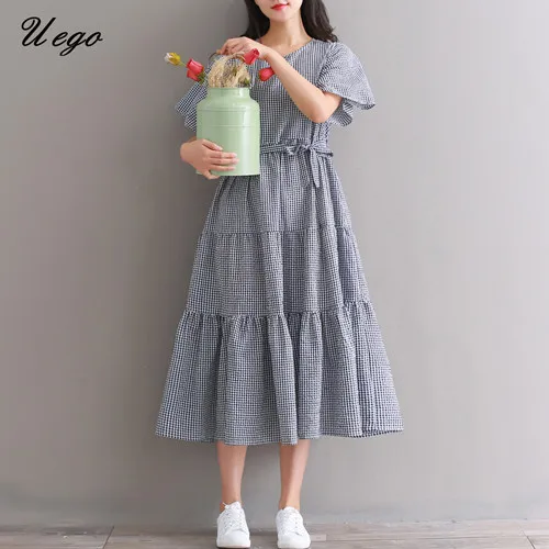black white plaid Uego Новое поступление Модное Элегантное стильное летнее платье из хлопка и льна в клетку свободное женское Повседневное платье миди размера плюс винтажное платье - Цвет: black white plaid